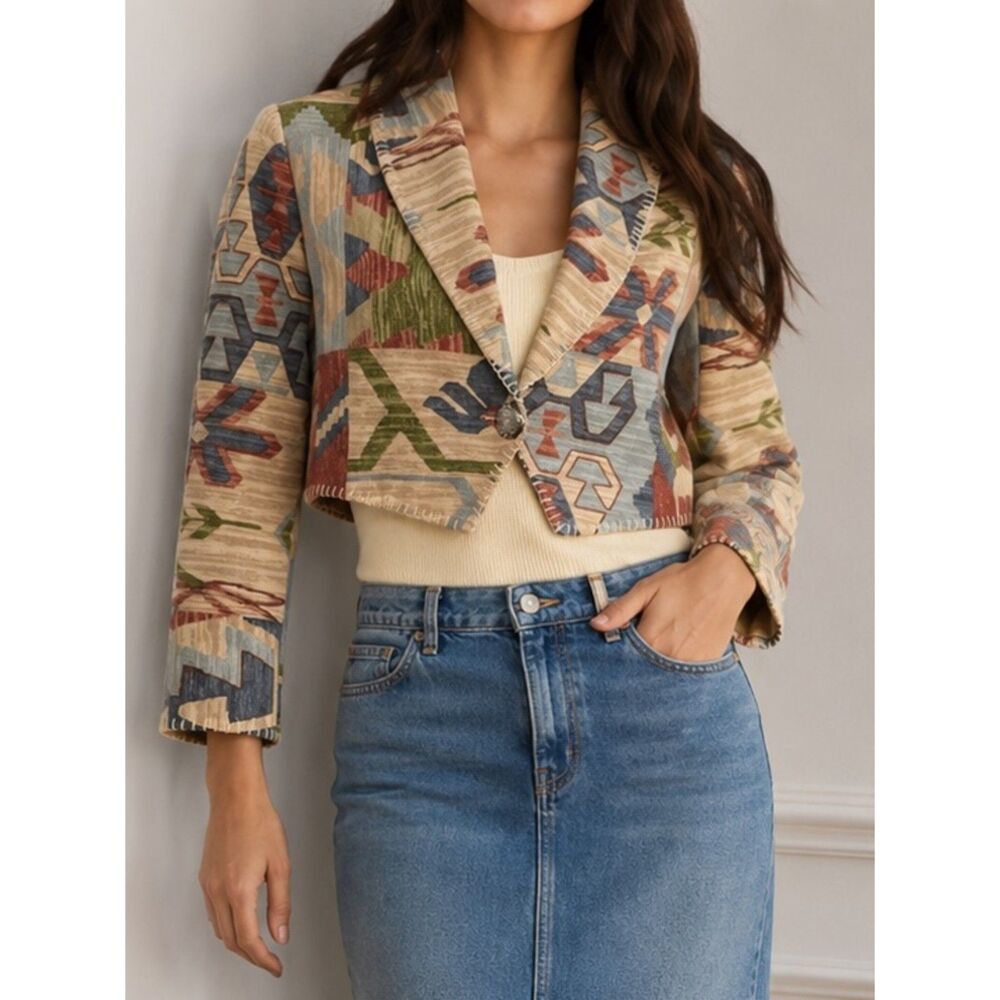 Rhonda Stark Jacket Blazer Southwest Tapestry Cropped Boho Tan Blue Size Medium